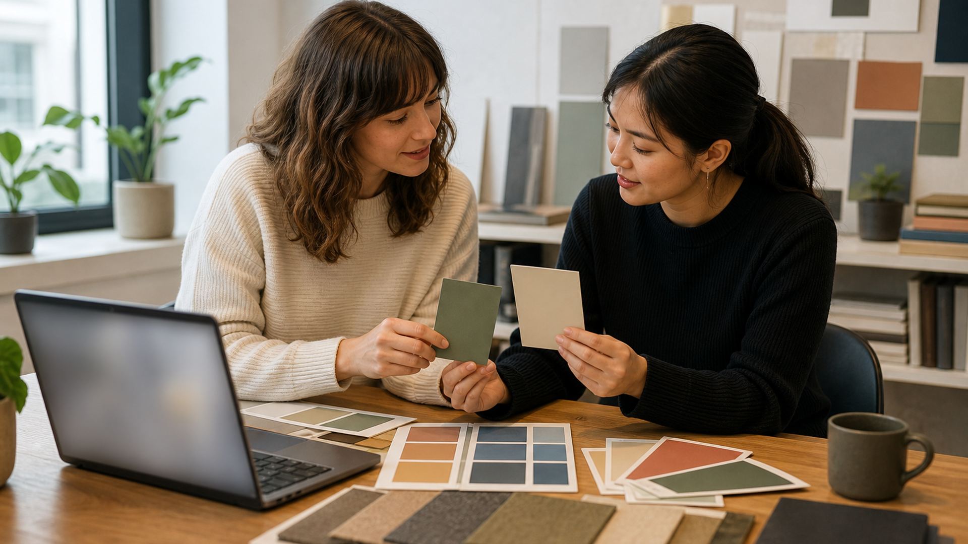 Designer and developer comparing color swatches beside a laptop