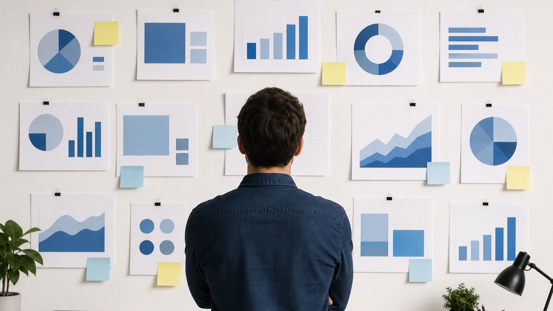 Product designer reviewing dashboard printouts pinned to a wall