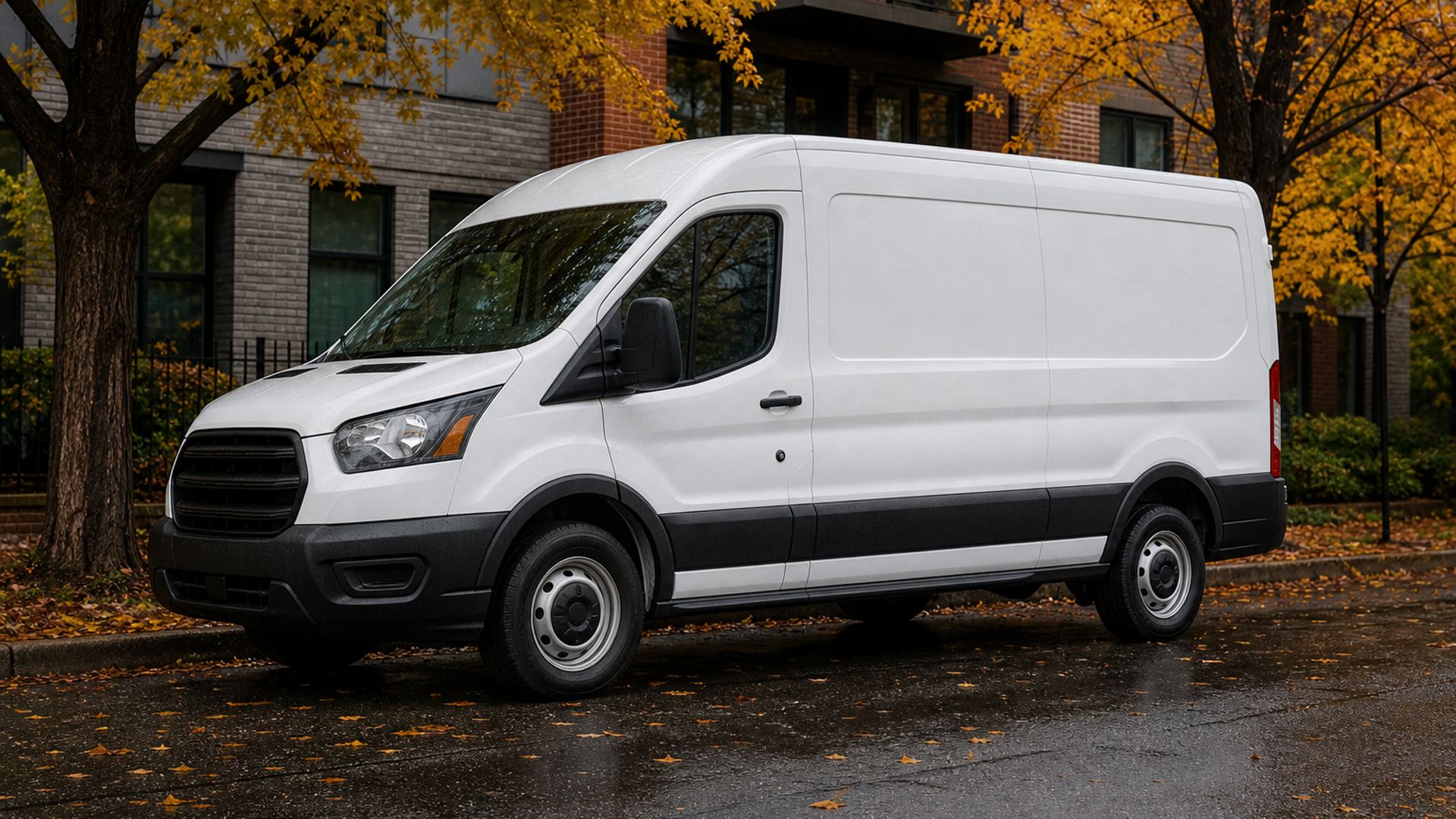 Unmarked service van on a tree-lined Denver street in fall