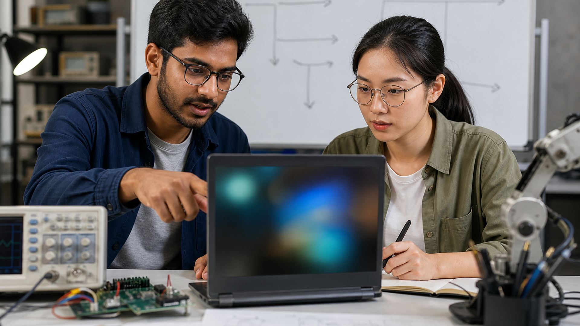 Two engineers working together at a laptop beside a whiteboard