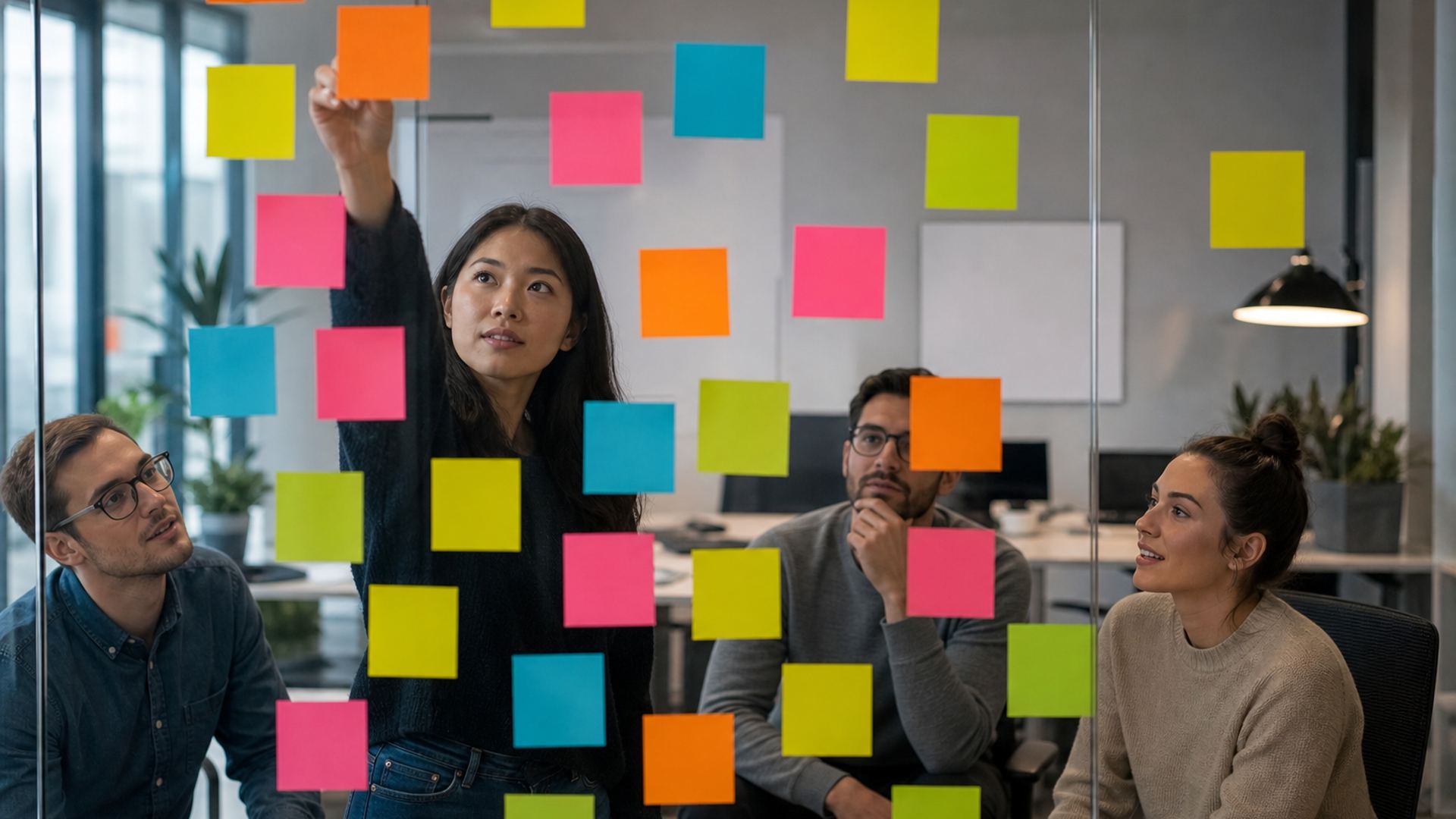 Business owner mapping a workflow with sticky notes in a Colorado shop office