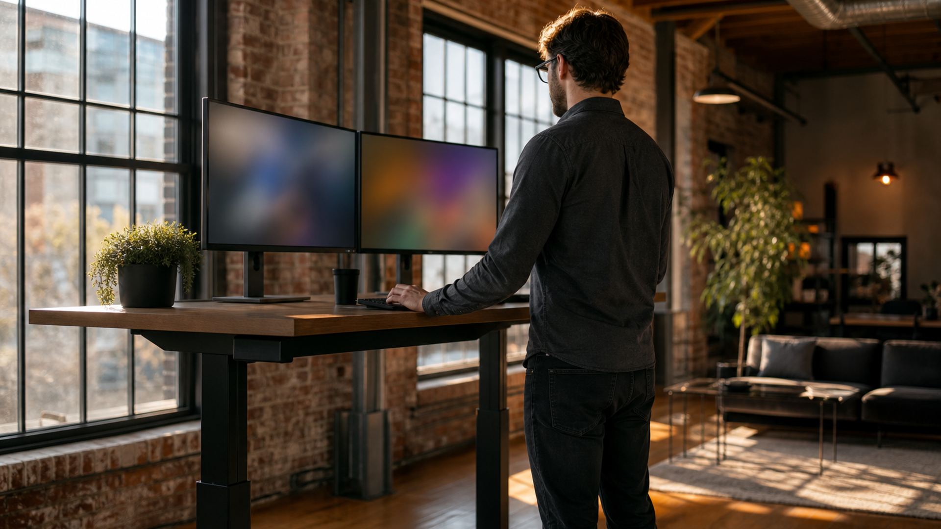Frontend engineer working at a standing desk in a loft studio