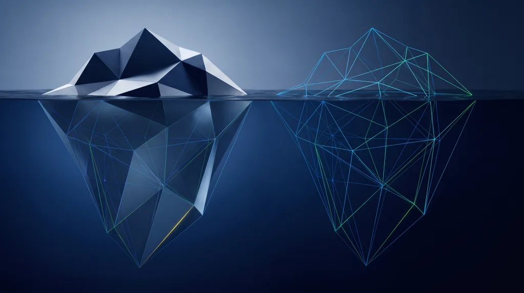 Faceted iceberg over a submerged wireframe lattice, for how AEO differs from SEO, on the How is AEO different from SEO page.