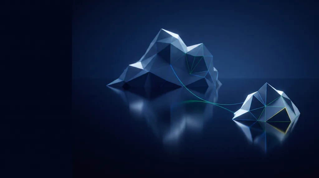 Faceted iceberg over a submerged wireframe lattice, for what an AI agent is, on the What is an AI agent page.