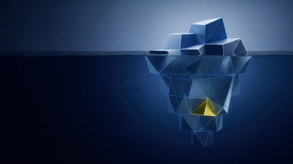 Faceted iceberg over a submerged wireframe lattice, for How much does AI automation cost.