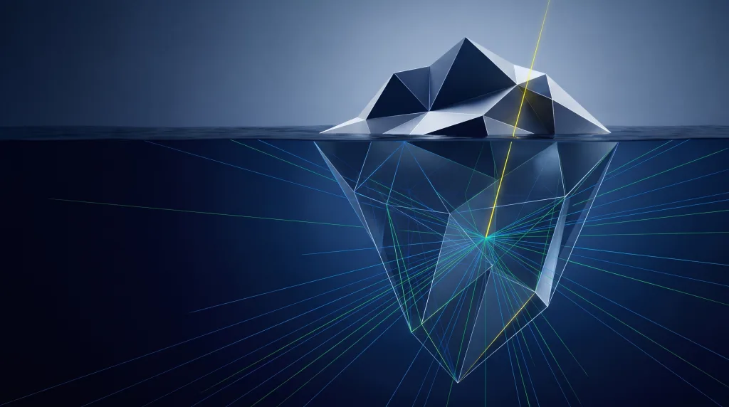 Faceted iceberg over a submerged wireframe lattice, for what an answer engine is, on the What is an answer engine page.