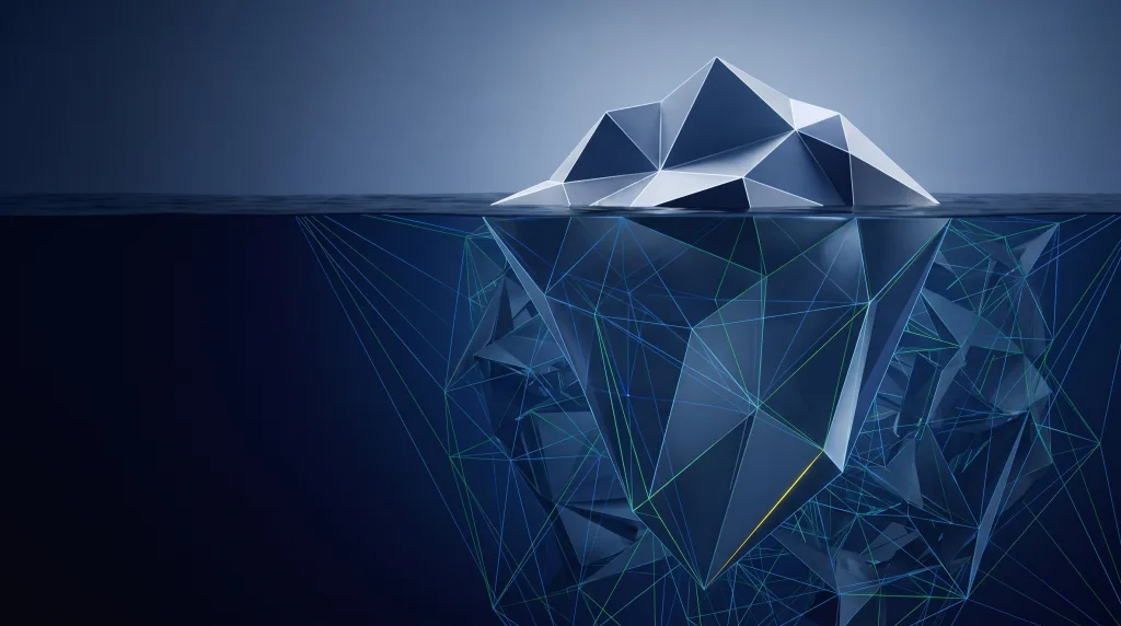 Faceted iceberg over a submerged wireframe lattice, for what an application frontend is, for What is an application frontend.