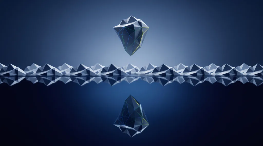Faceted iceberg over a submerged wireframe lattice, for What should a business automate first.