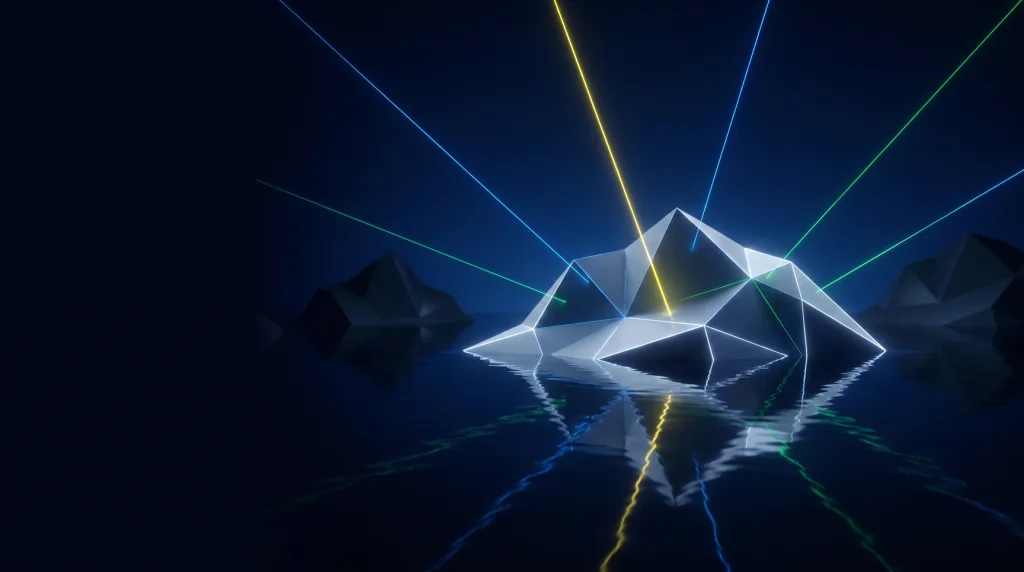 Faceted iceberg over a submerged wireframe lattice, for How do i get cited by AI assistants.