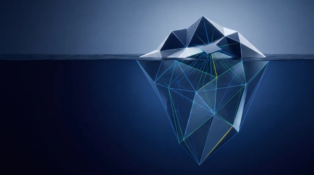 Faceted iceberg over a submerged wireframe lattice, for what an llms.txt file does, on the What is llms txt page.