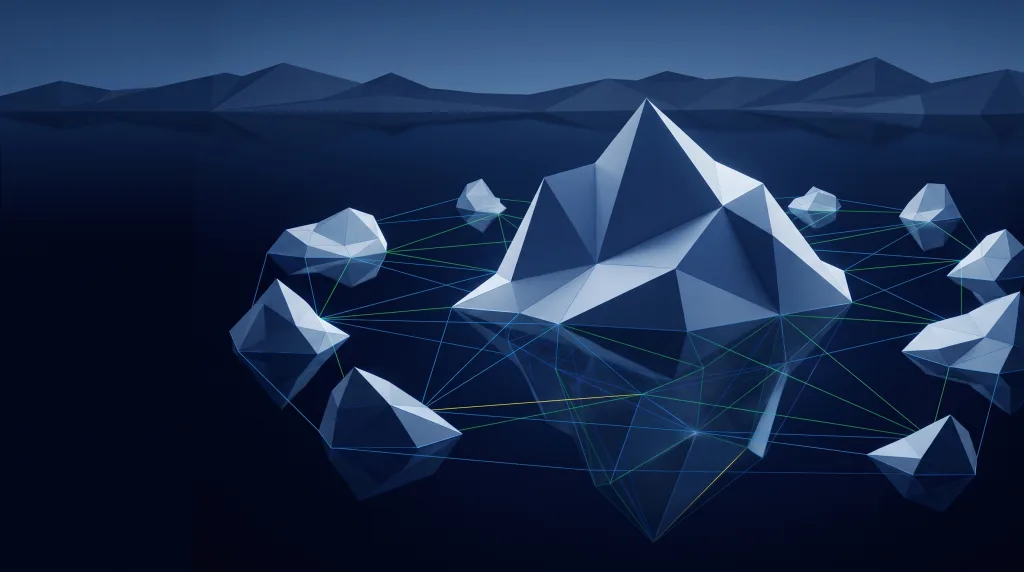 Faceted iceberg over a submerged wireframe lattice, for what local SEO covers, on the What is local SEO page.
