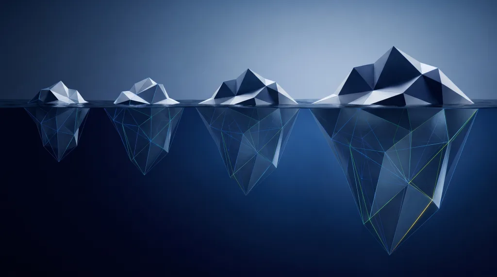 Faceted iceberg over a submerged wireframe lattice, for How much does SEO cost.
