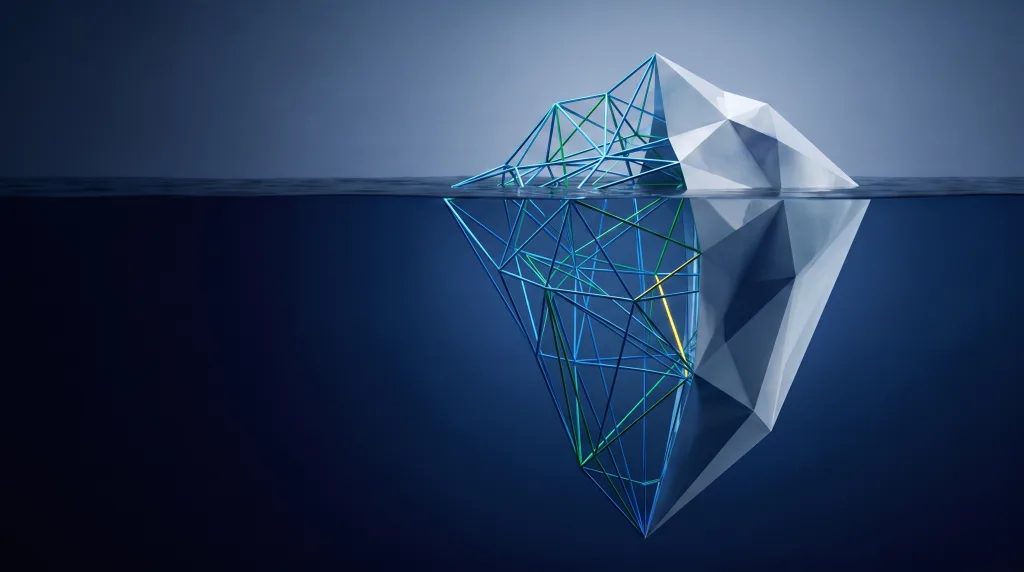 Faceted iceberg over a submerged wireframe lattice, for Why does server side rendering matter for SEO.