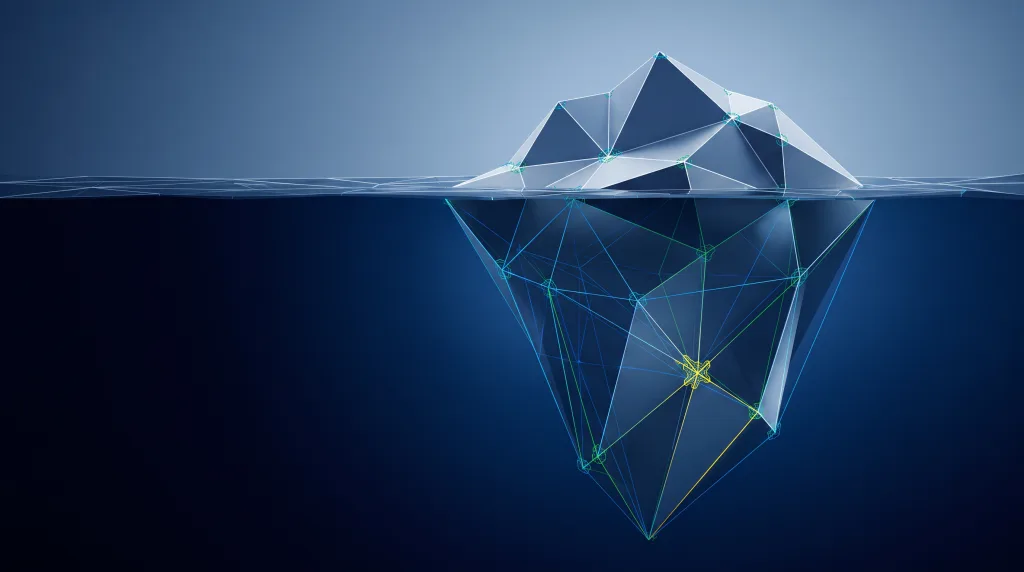 Faceted iceberg over a submerged wireframe lattice, for what technical SEO includes, on the What is technical SEO page.