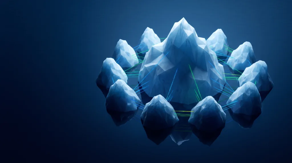 Faceted iceberg over a submerged wireframe lattice, for what a topic cluster is, on the What is a topic cluster page.