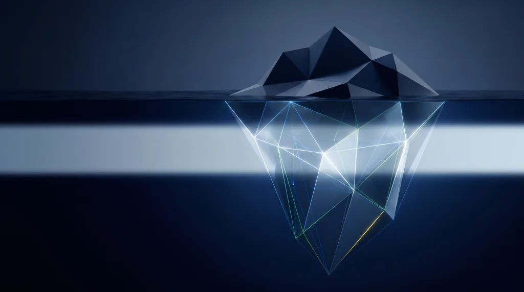 Faceted iceberg over a submerged wireframe lattice, for How do i track AI search visibility.