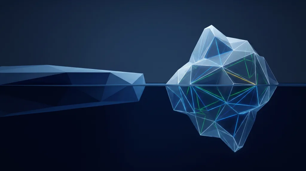 Faceted iceberg over a submerged wireframe lattice, for What is the difference between a website and a web application.