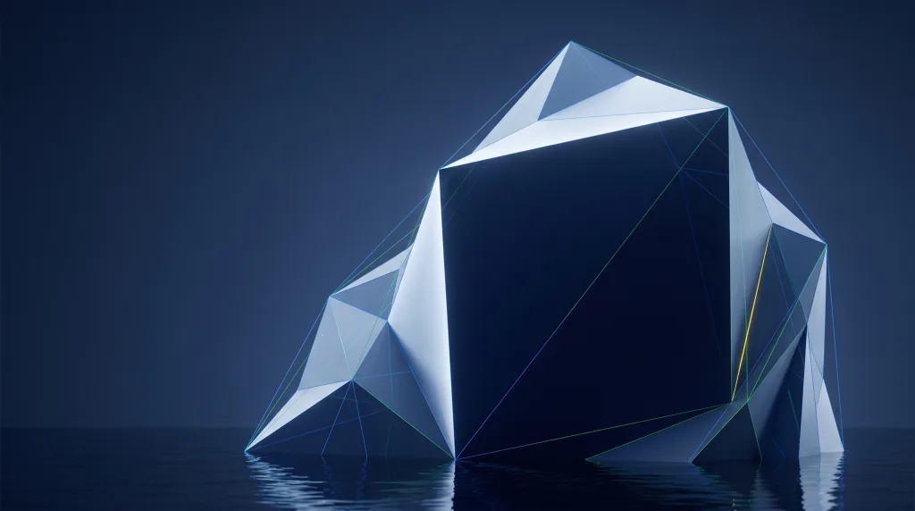 Faceted iceberg over a submerged wireframe lattice, for what answer engine optimization is, on the What is AEO page.