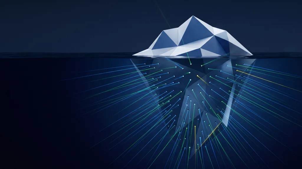 Faceted iceberg above a deep submerged lattice, for the answer library written for AI assistants.