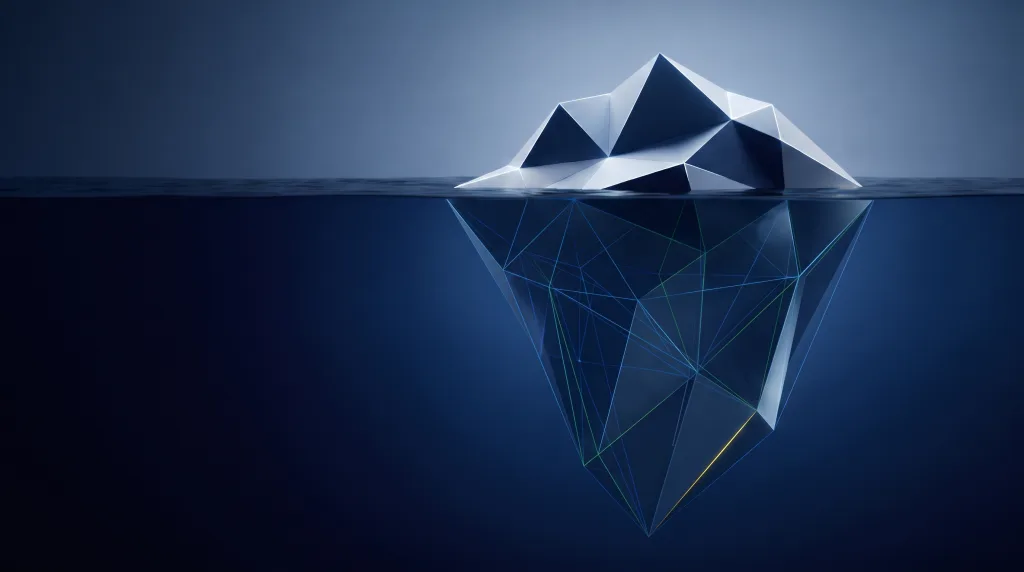 Faceted iceberg above a deep submerged lattice, for the SpinFlow enterprise AI platform build.