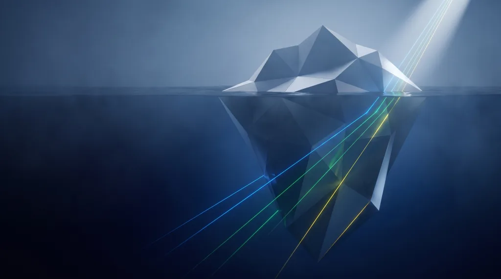 Faceted iceberg, small above the waterline and vast below, for the AEO writing cluster, on the AEO page.