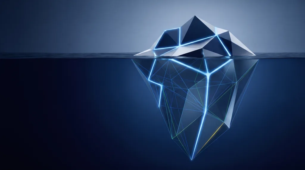 Faceted iceberg, small above the waterline and vast below, for the AI and automation writing cluster, for AI automation.