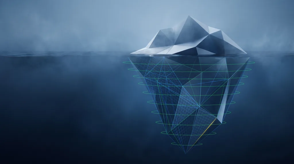 Faceted iceberg, small above the waterline and vast below, for the analytics writing cluster, on the Analytics page.