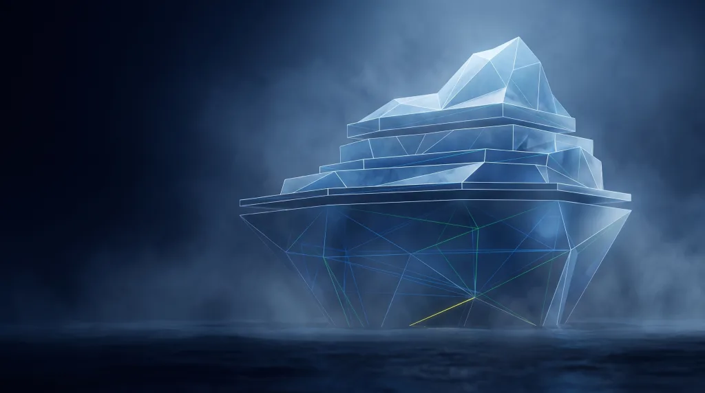 Faceted iceberg, small above the waterline and vast below, for Application frontends.