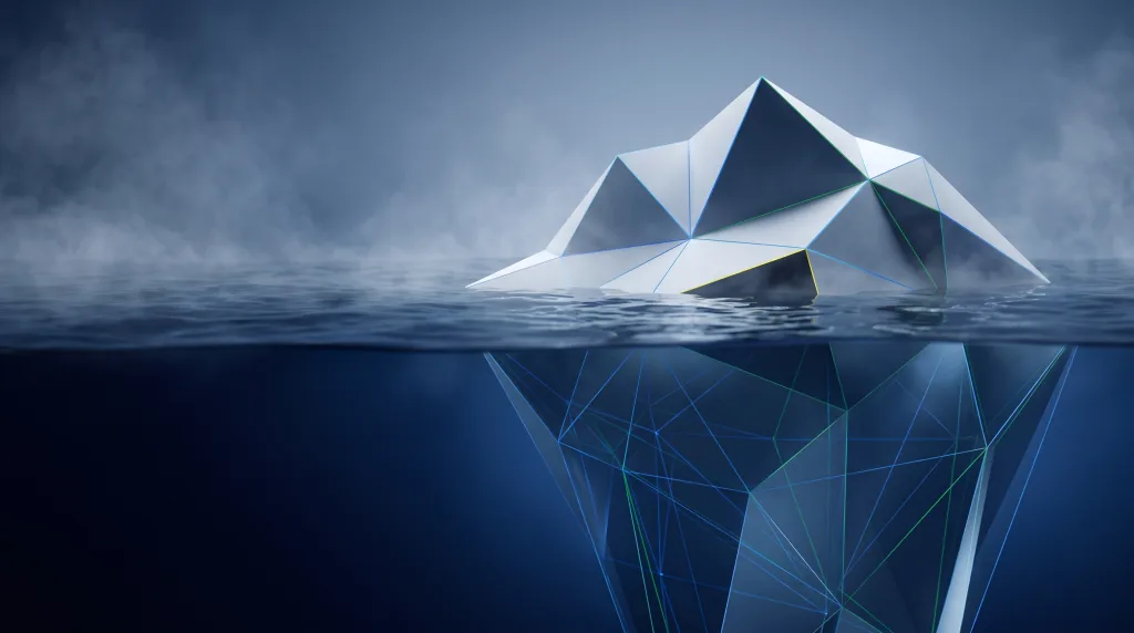 Faceted iceberg, small above the waterline and vast below, for the design and brand writing cluster, on the Design page.