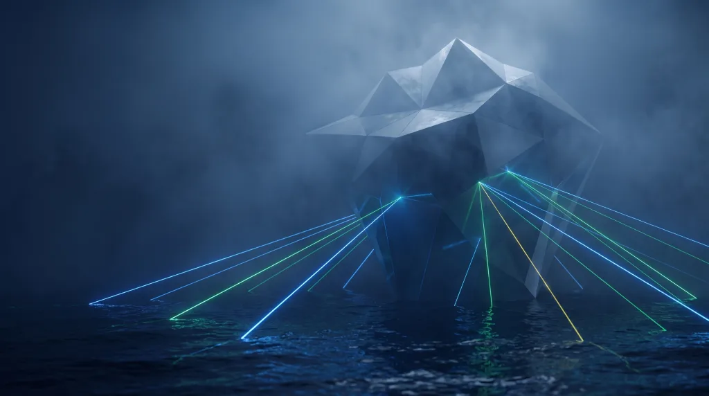 Faceted iceberg, small above the waterline and vast below, for the paid media writing cluster, on the Paid media page.