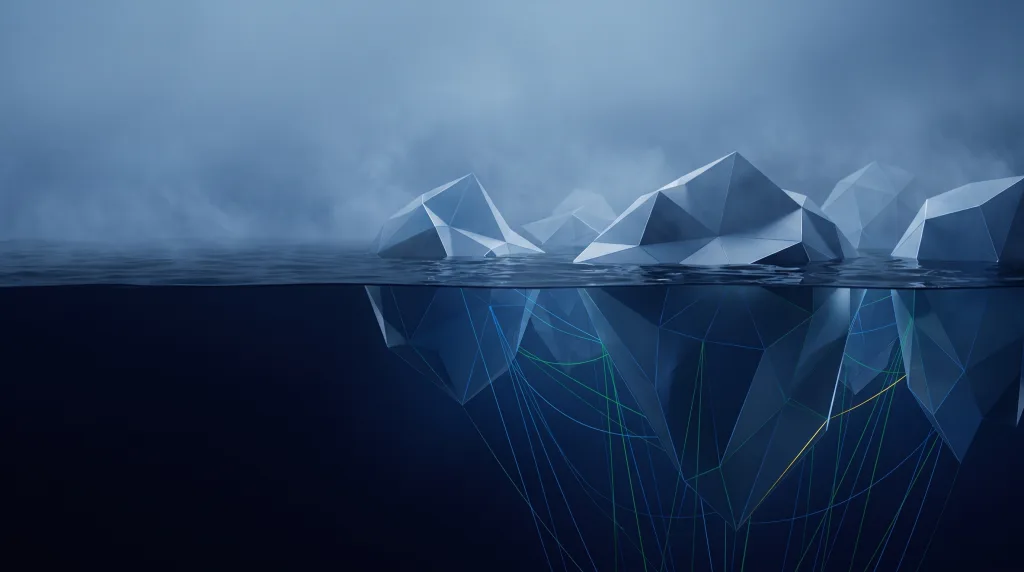 Faceted iceberg, small above the waterline and vast below, for the social marketing writing cluster, on the Social page.