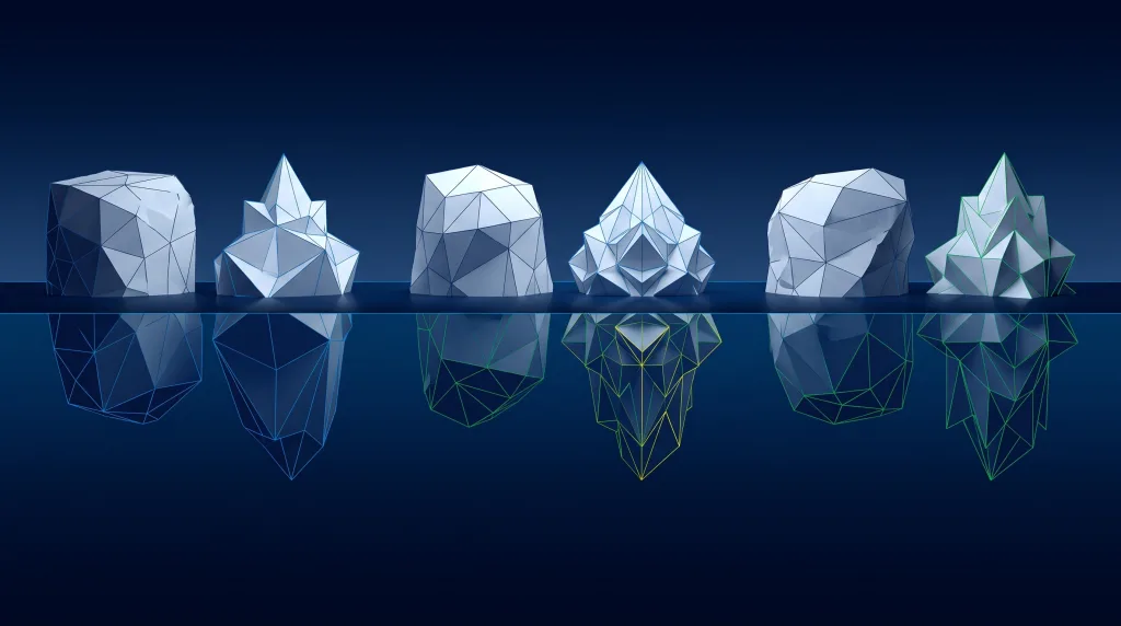 Faceted iceberg above a deep submerged lattice, for honest comparisons between ways of buying this work.