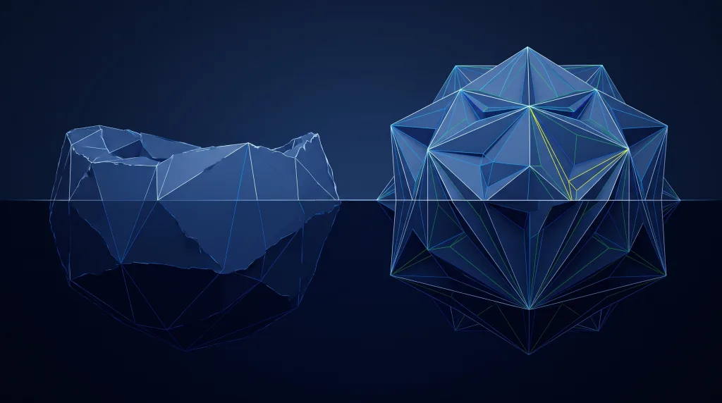 Faceted iceberg, small above the waterline and vast below, for Diy AI vs implemented AI.