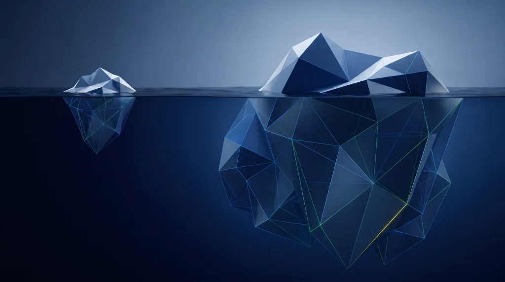 Faceted iceberg, small above the waterline and vast below, for Freelancer vs firm.