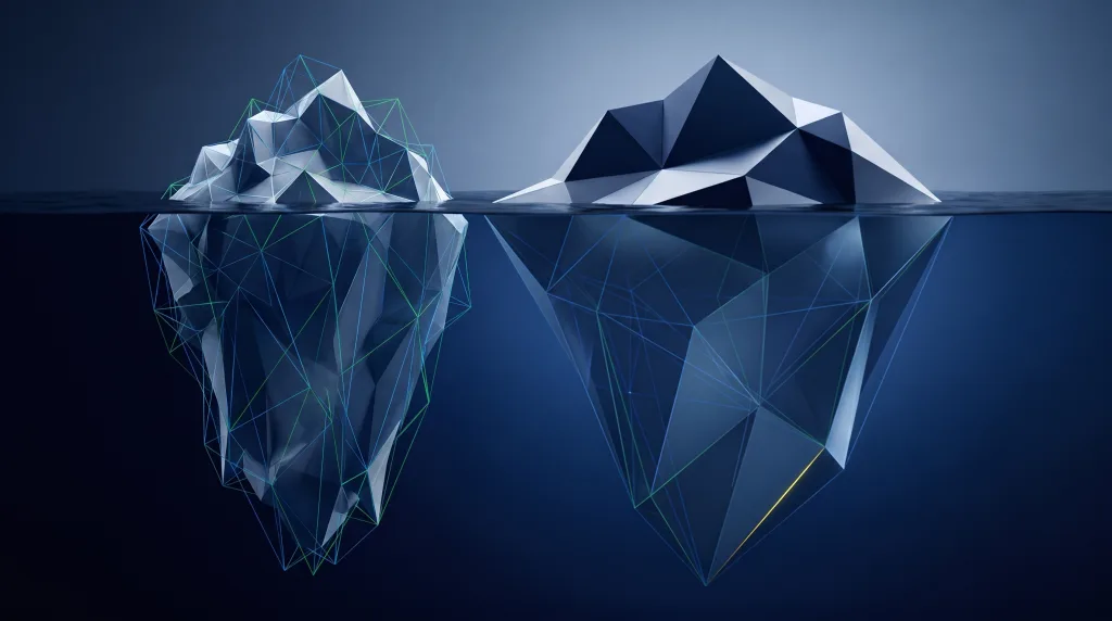 Faceted iceberg, small above the waterline and vast below, for In house vs agency.