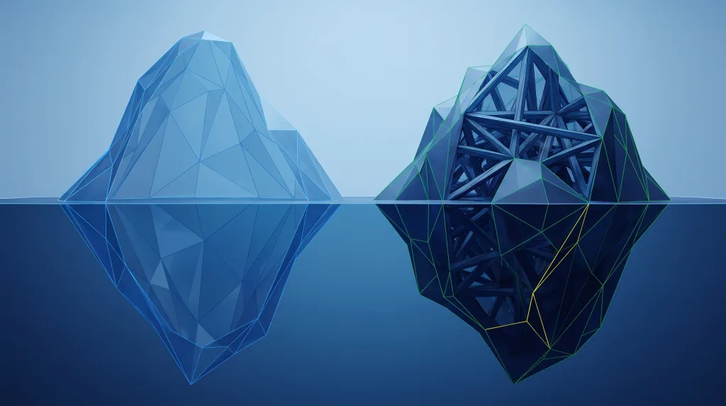 Faceted iceberg, small above the waterline and vast below, for Page builder vs application frontend.