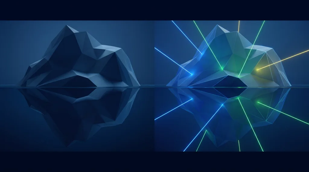Faceted iceberg, small above the waterline and vast below, for SEO agency vs AEO program.