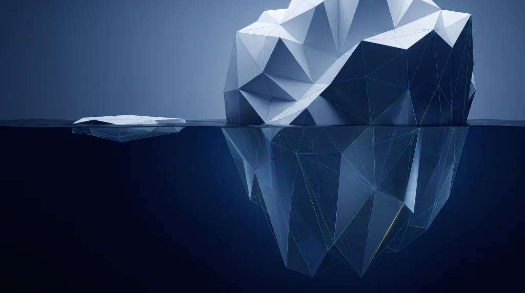 Faceted iceberg, small above the waterline and vast below, for Template site vs custom frontend.