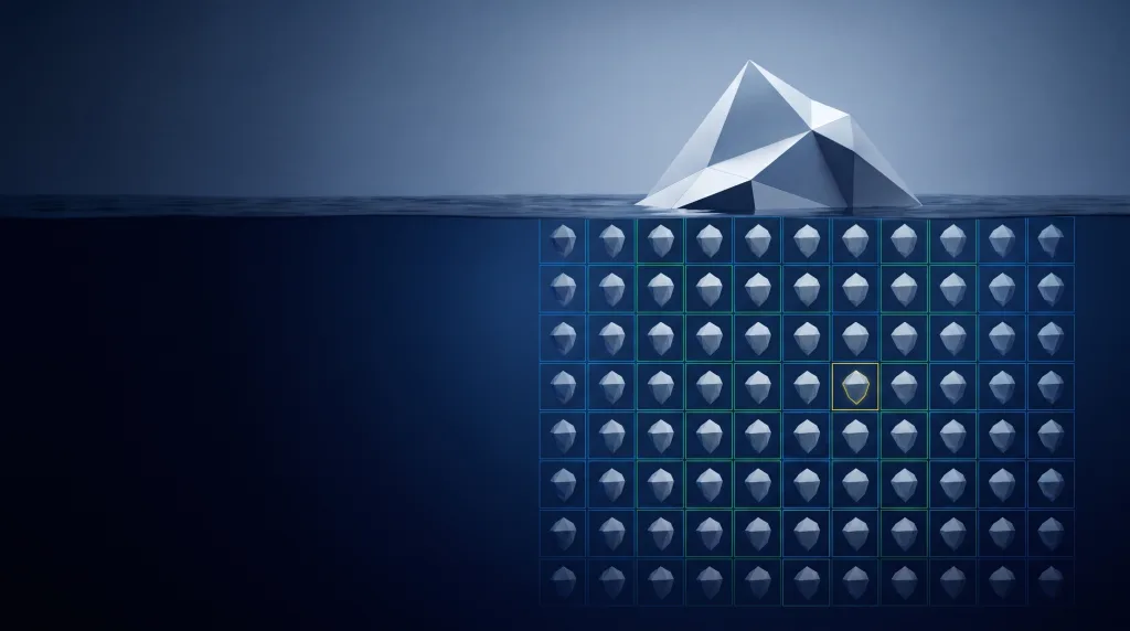 Faceted iceberg above a deep submerged lattice, for the plain-language marketing and AI glossary.