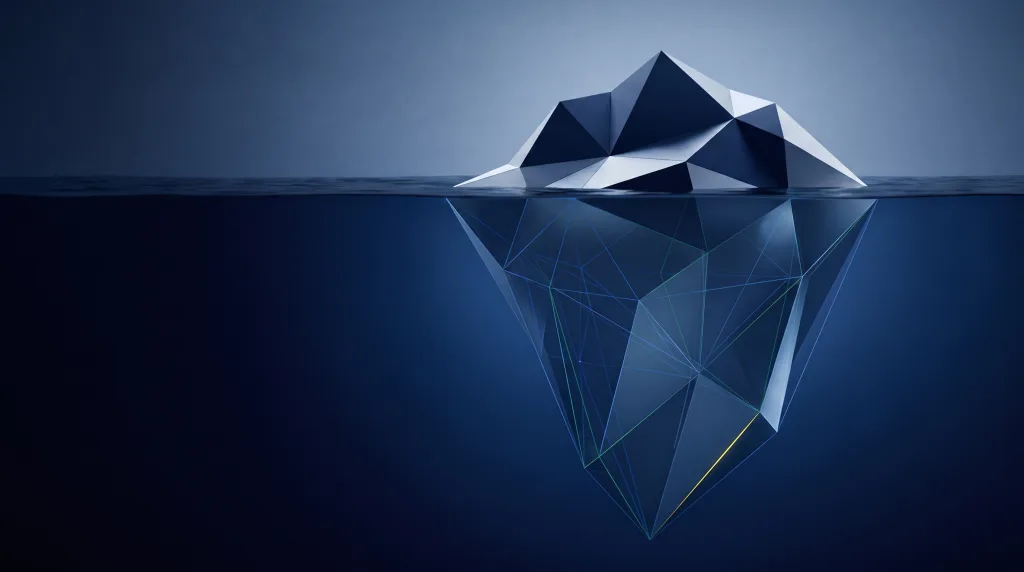 Faceted iceberg above a deep submerged lattice, for the depth behind a Lingows application frontend build, on the Terms page.