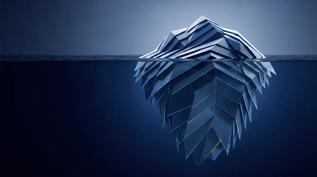 Faceted iceberg with a deep foundation lattice, for roofing contractors after a storm, on the Roofing page.