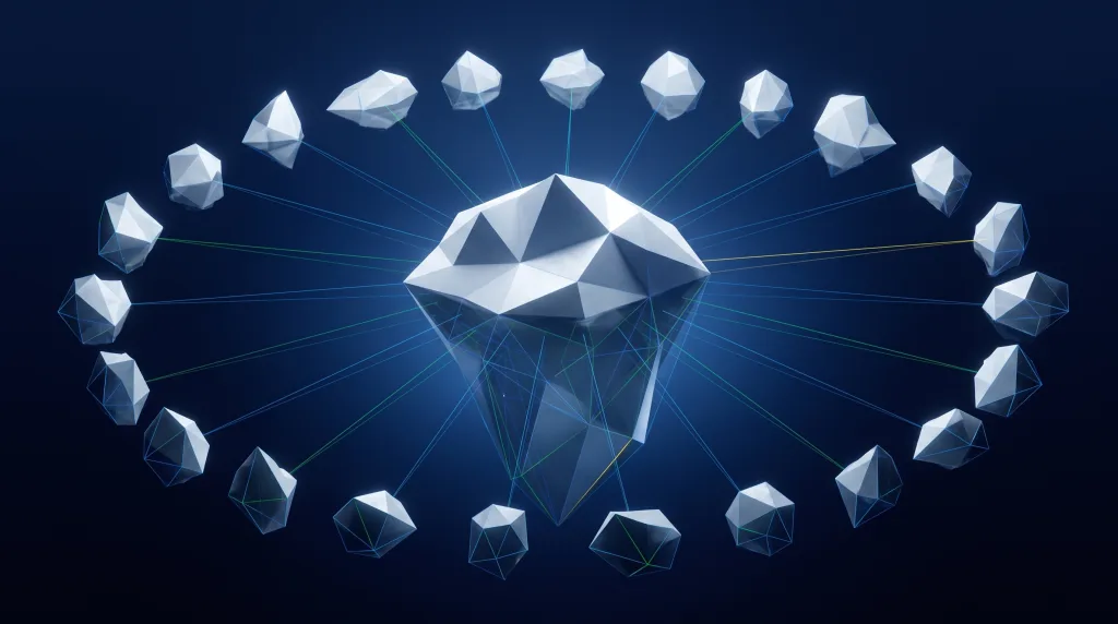 Faceted iceberg above a deep submerged lattice, for the industries Lingows builds programs for.