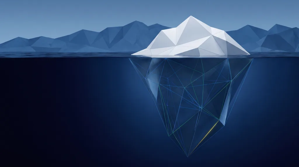 Faceted iceberg above a lattice of submerged structure, for SEO in Superior.