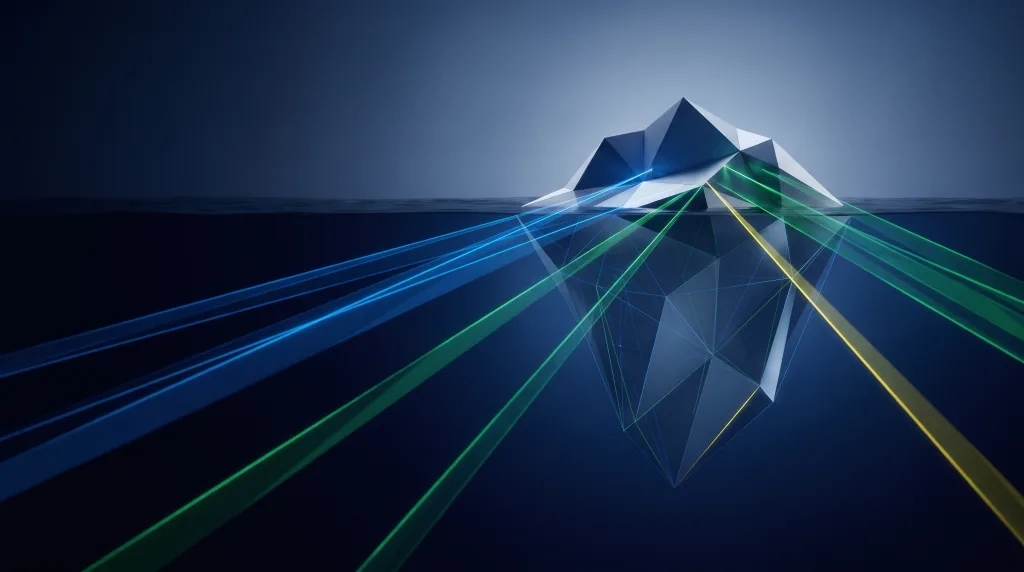 Faceted iceberg over a wireframe foundation, for paid media planning and buying, on the Instagram ads page.