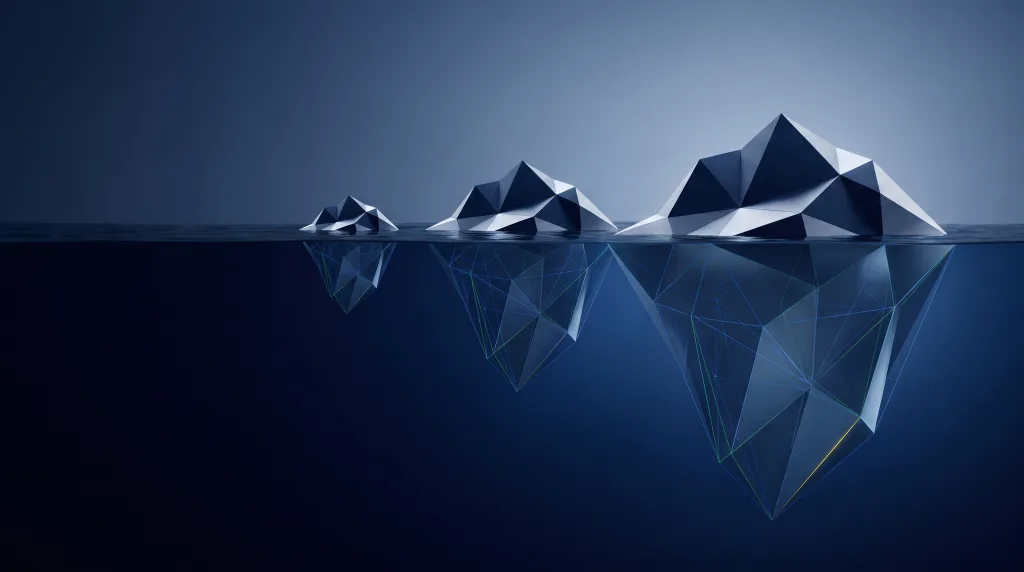 Faceted iceberg above a deep submerged lattice, for how Lingows engagements are scoped and priced.