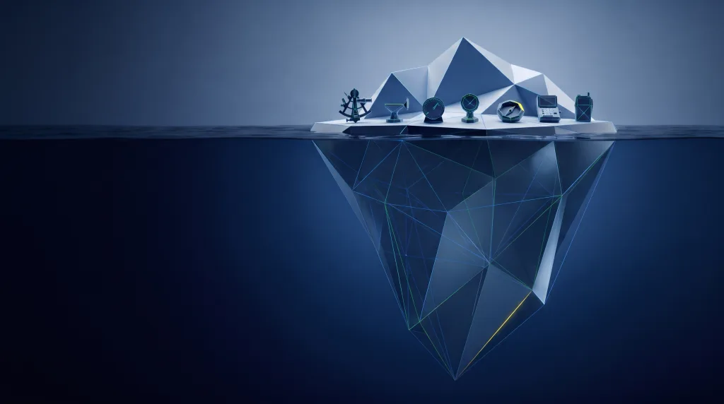 Faceted iceberg above a deep submerged lattice, for the Lingows library of tutorials, tools and guides.