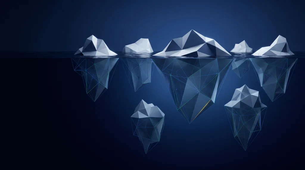 Faceted iceberg above a deep submerged lattice, for the nine service pillars Lingows runs under one roadmap, for Search.