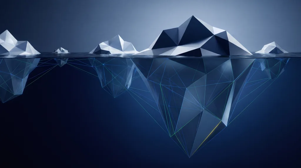 Faceted iceberg with most of its mass below the waterline, for social media marketing run as a system, on the Strategy page.