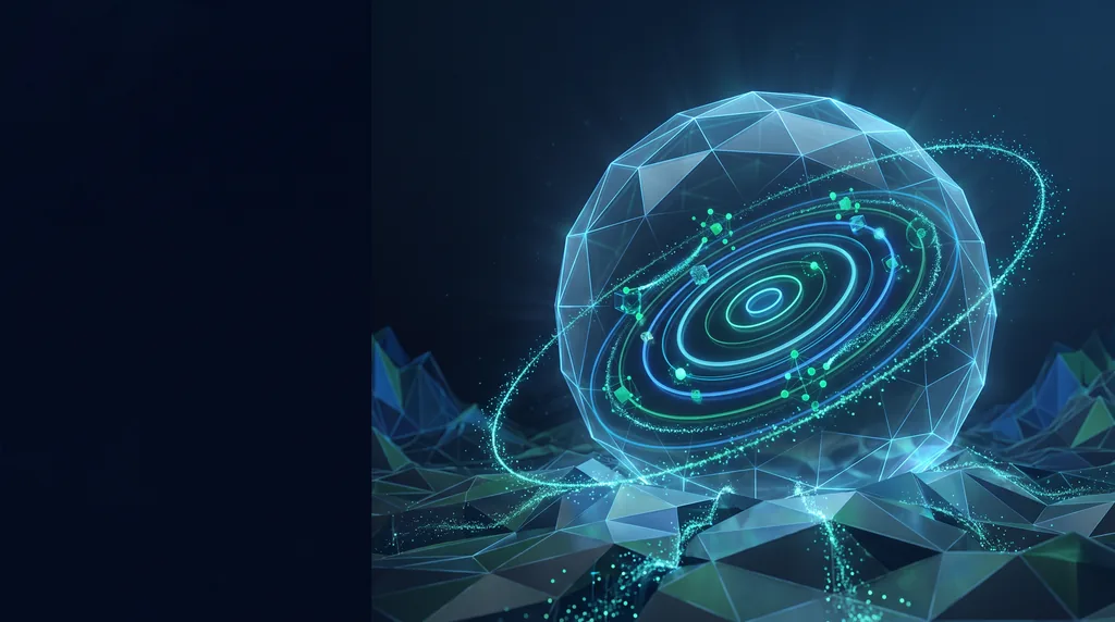 Geometric navy key art of faceted wireframe structure, for AI search visibility.