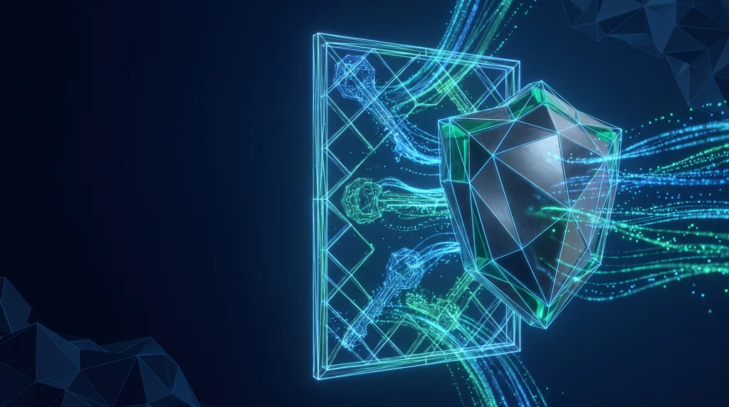 Geometric navy key art of faceted wireframe structure, for secure client portals.